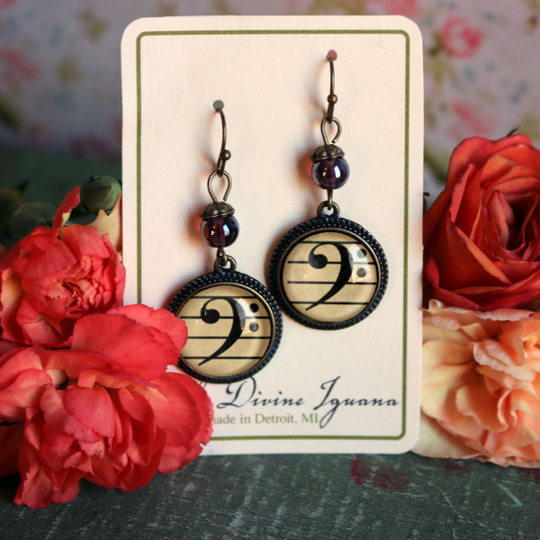 Bass Clef Vintage Inspired Drop / Dangle Earrings Reversed Decoupage Glass Cabochon Music Themed Jewelry