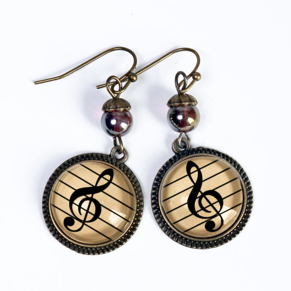 Treble Clef Vintage Inspired Drop / Dangle Earrings Reversed Decoupage Glass Cabochon Music Themed Jewelry