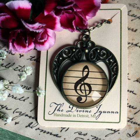 Treble Clef Musical Notation Glass Cabochon Heart Pendant Necklace