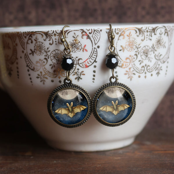 Moonlit Bat Drop / Dangle Earrings Glass Cabochons with Black Glass Bead