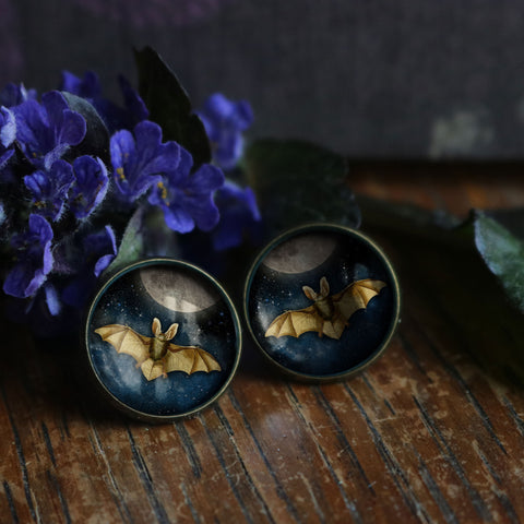 Moonlit Bat Goth or Halloween Glass Cabochon Stud Earrings