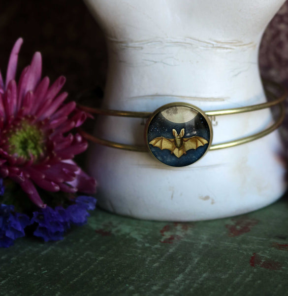 Moonlit Bat Goth / Halloween Cuff Bracelet with Glass Cabochon on Bronze