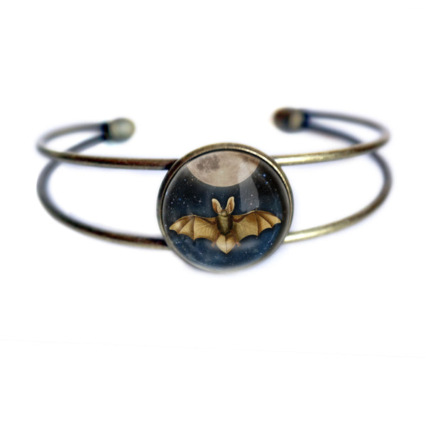 Moonlit Bat Goth / Halloween Cuff Bracelet with Glass Cabochon on Bronze