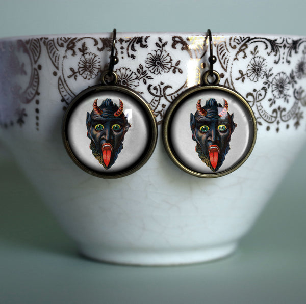 Krampus the Christmas Demon Earrings- Leering Krampus Face with Long Tongue