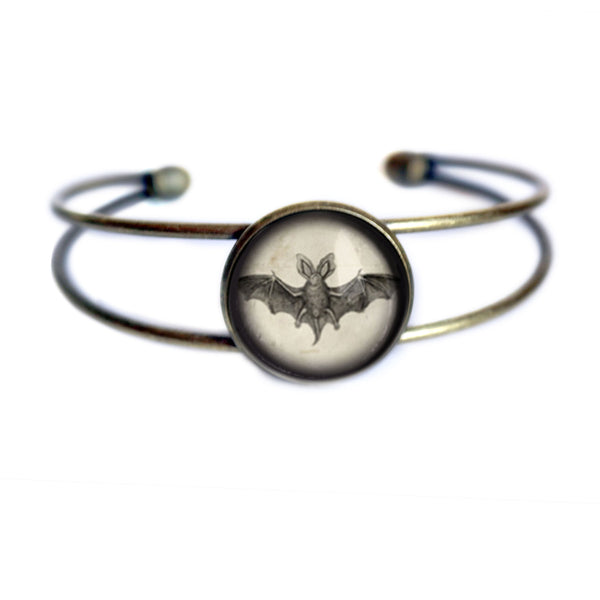 Victorian Bat Goth Halloween Cuff Bracelet - Glass Cabochon in Brass Bezel