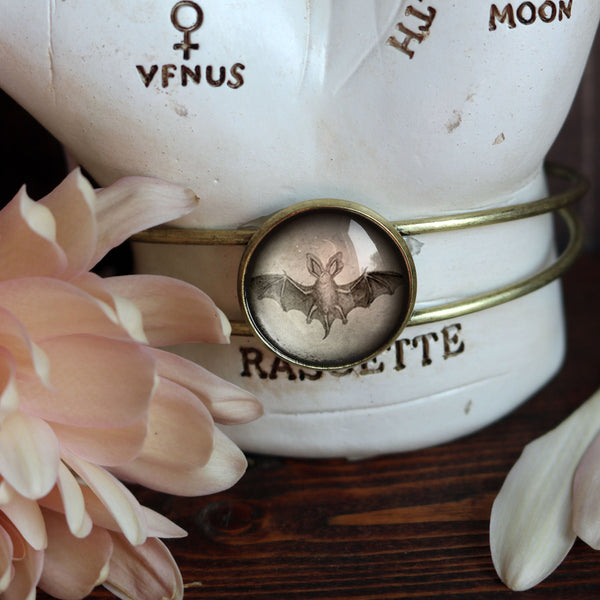 Victorian Bat Goth Halloween Cuff Bracelet - Glass Cabochon in Brass Bezel