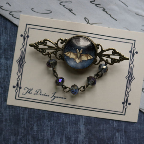 Moonlit Bat Goth or Halloween Vintage Inspired Pin Brooch with Brass Filigree and Beaded Accent