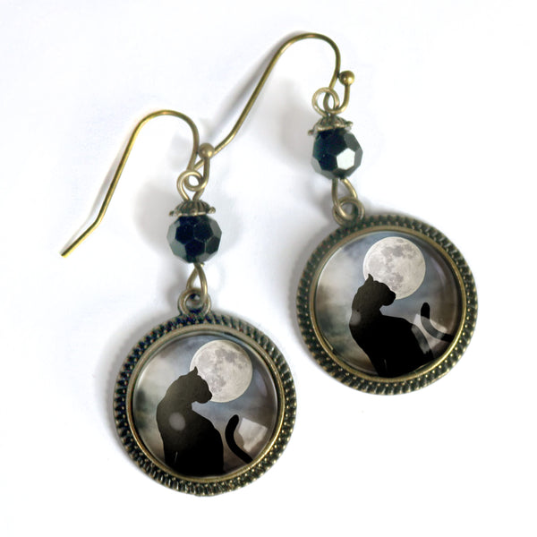 Moonlit Cat Drop / Dangle Earrings Glass Cabochons with Black Glass Bead