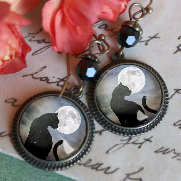 Moonlit Cat Drop / Dangle Earrings Glass Cabochons with Black Glass Bead