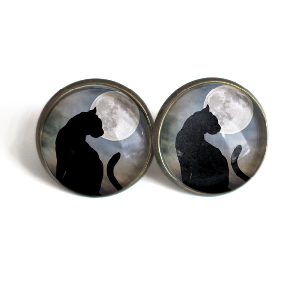 Moonlit Cat Goth or Halloween Glass Cabochon Stud Earrings