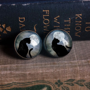 Moonlit Cat Goth or Halloween Glass Cabochon Stud Earrings