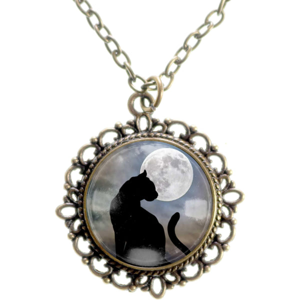 Moonlit Cat Goth or Halloween Large Pendant Necklace in Ornate Frame