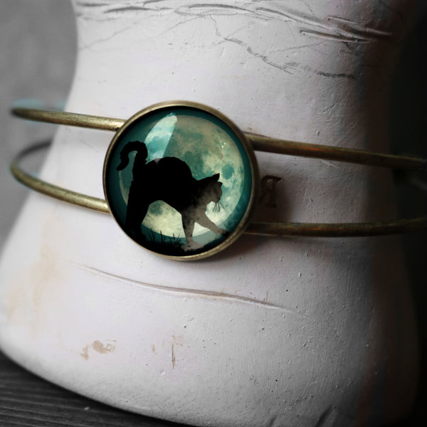 Black Cat on Blue Full Moon  Cuff Bracelet / Bangle in Antique Brass