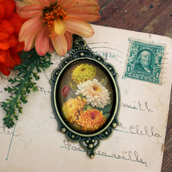 Harvest Chrysanthemums Ornate Oval Pendant Necklace for Fall and Thanksgiving