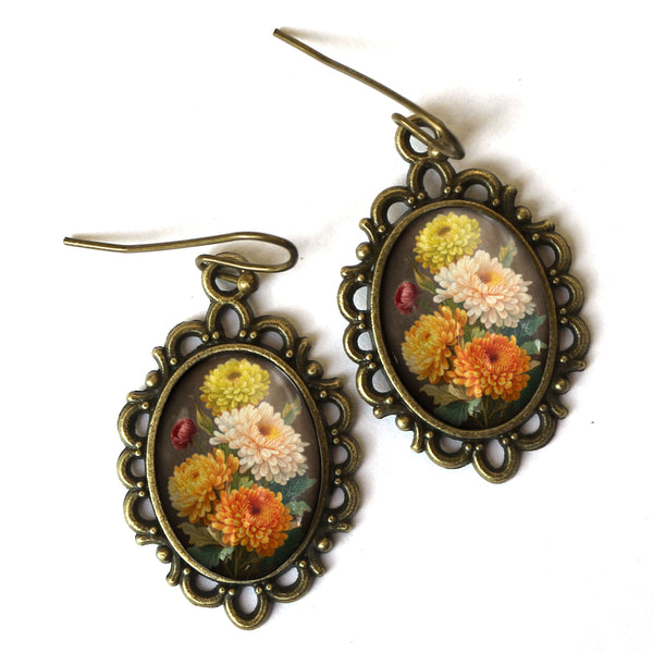 Harvest Chrysanthemums Thanksgiving Holiday Vintage Inspired Drop / Dangle Earrings