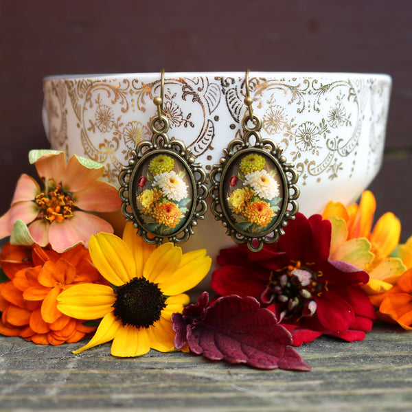 Harvest Chrysanthemums Thanksgiving Holiday Vintage Inspired Drop / Dangle Earrings