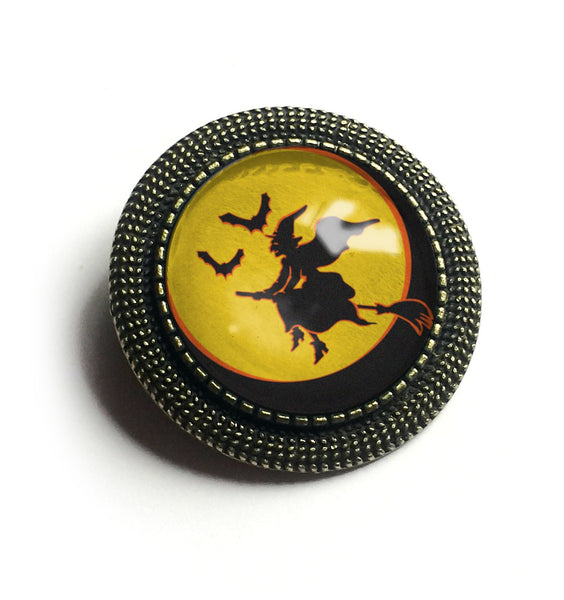 Flying Witch on Full Moon Vintage Inspired Pin Brooch