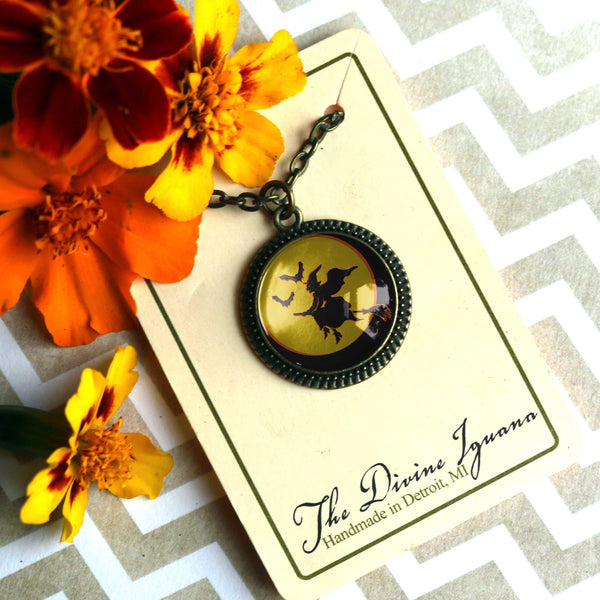 Flying Witch on Yellow Full Moon  Pendant Necklace