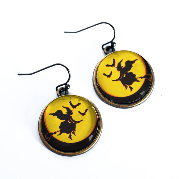 Flying Witch on Yellow Moon- Halloween Vintage Inspired Drop / Dangle Earrings