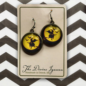 Flying Witch on Yellow Moon- Halloween Vintage Inspired Drop / Dangle Earrings