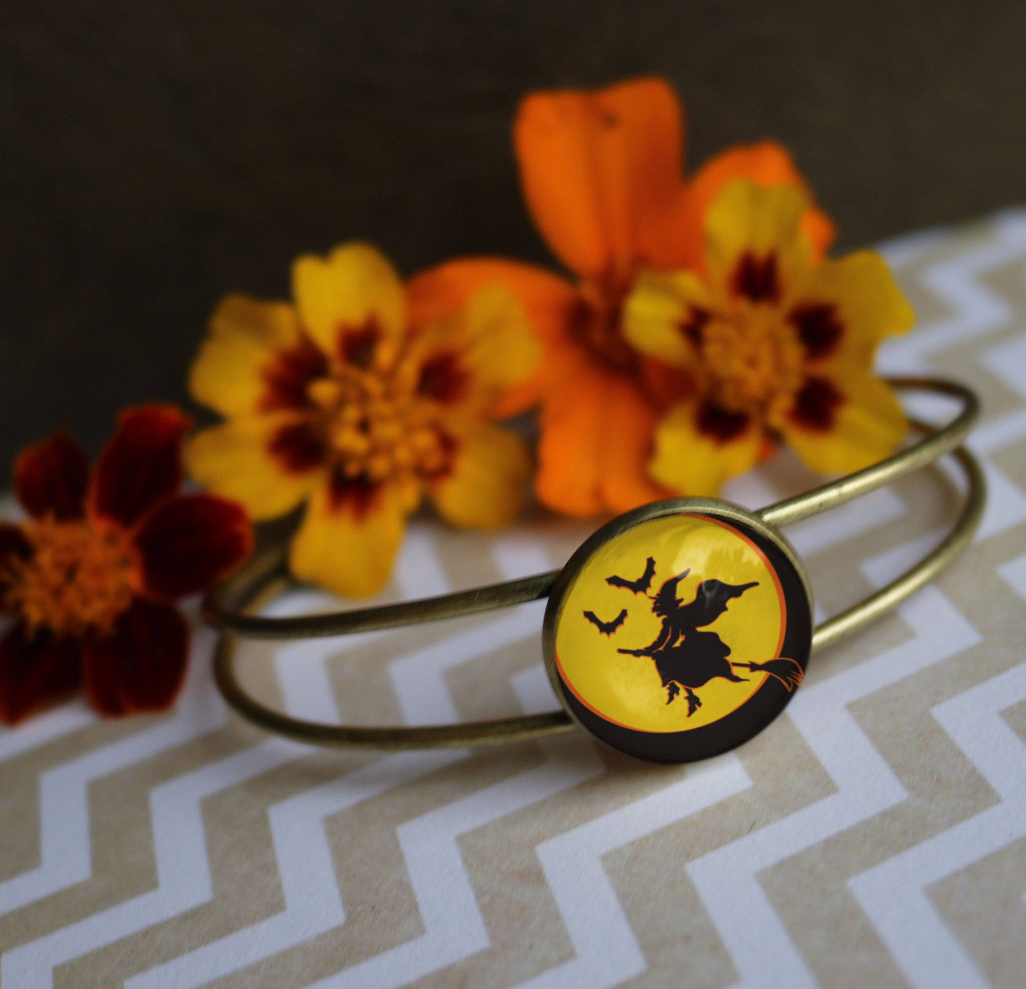 Flying Witch Retro Inspired Cuff Bracelet - Glass Cabochon in Brass Bezel