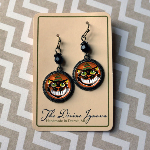 Grinning Black Cat Vintage Inspired Drop / Dangle Earrings