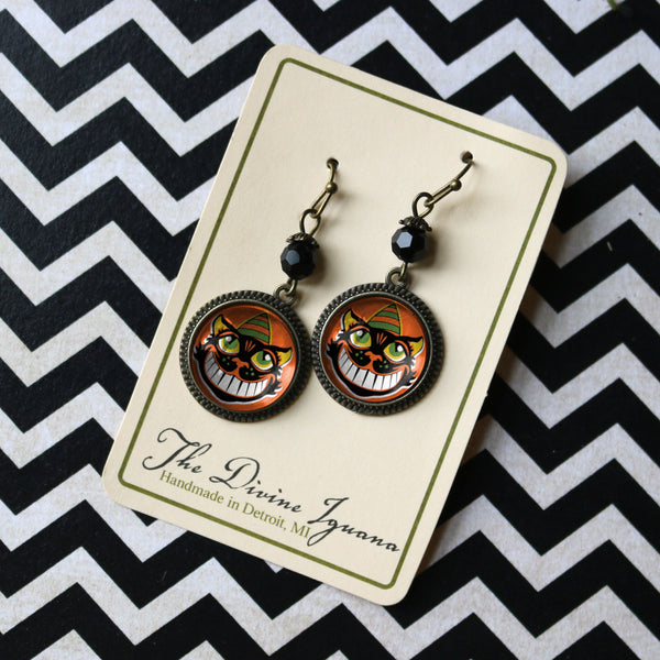 Grinning Black Cat Vintage Inspired Drop / Dangle Earrings