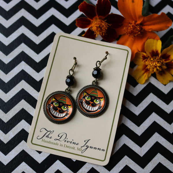 Grinning Black Cat Vintage Inspired Drop / Dangle Earrings