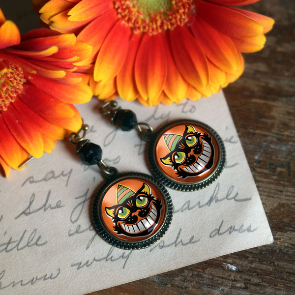 Grinning Black Cat Vintage Inspired Drop / Dangle Earrings