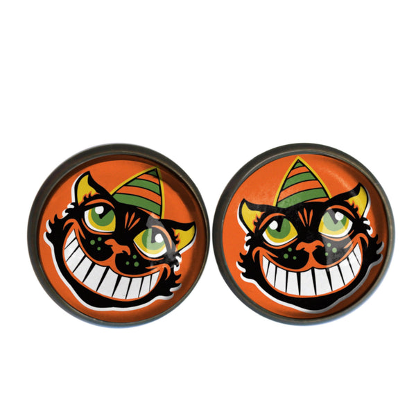 Grinning Retro Halloween Black Cat Vintage Inspired Stud Earrings