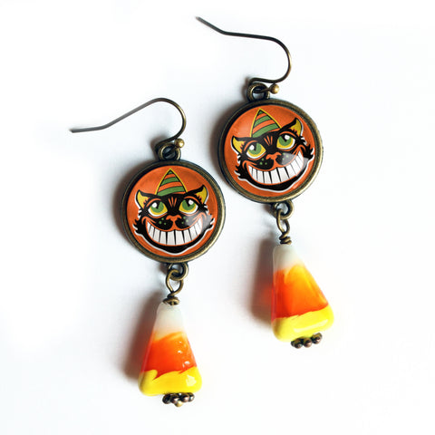 Grinning Retro Halloween Black Cat w/ Candy Corn Vintage Inspired Drop / Dangle Earrings