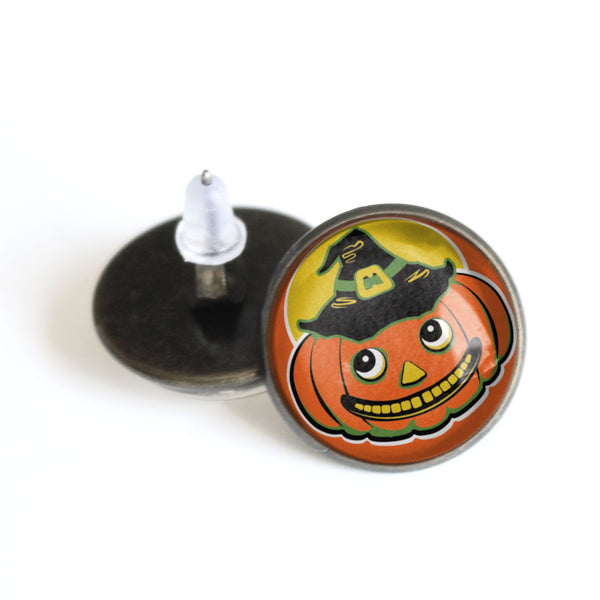 Jack O Lantern in Witch Hat Vintage Inspired Stud Earrings