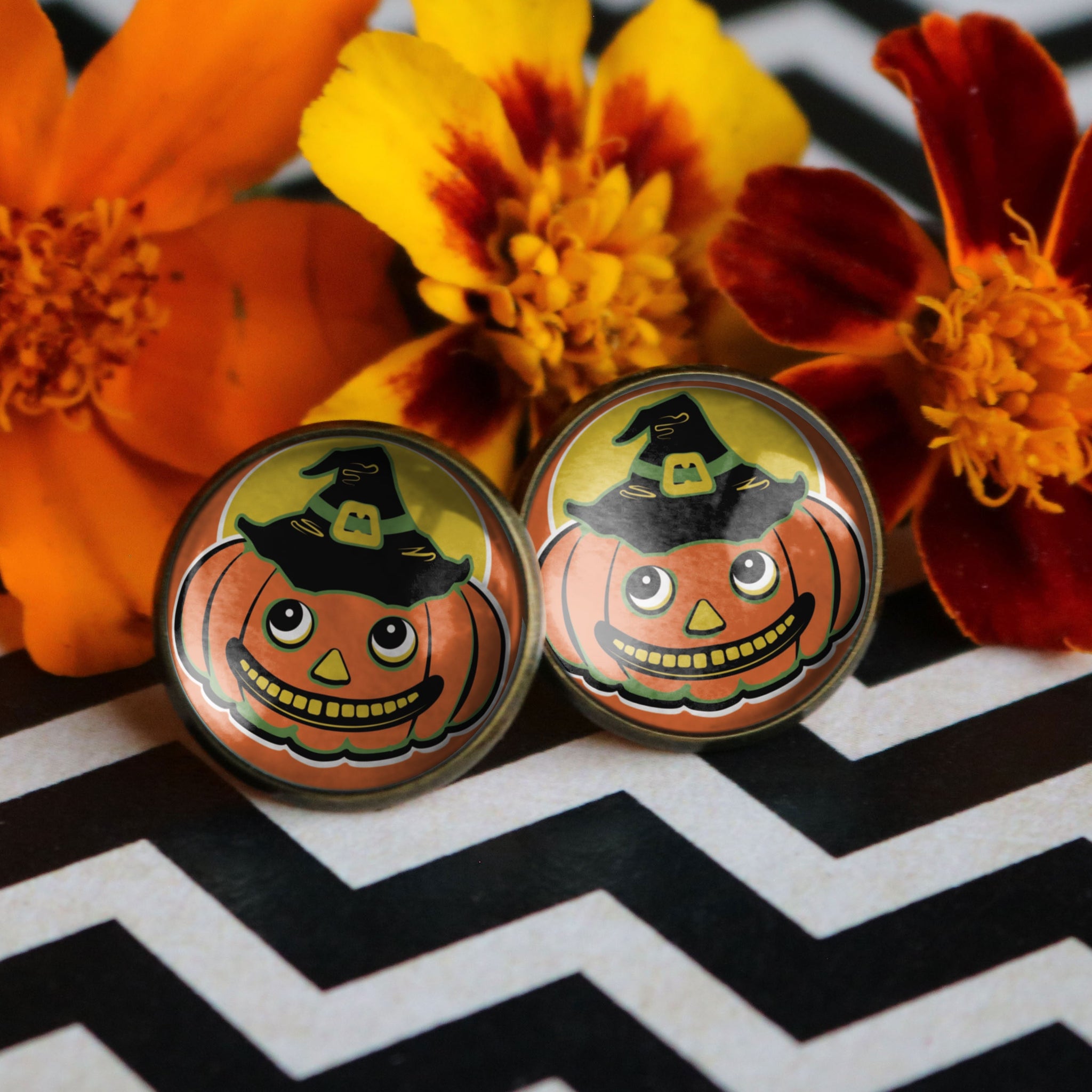 Jack O Lantern in Witch Hat Vintage Inspired Stud Earrings