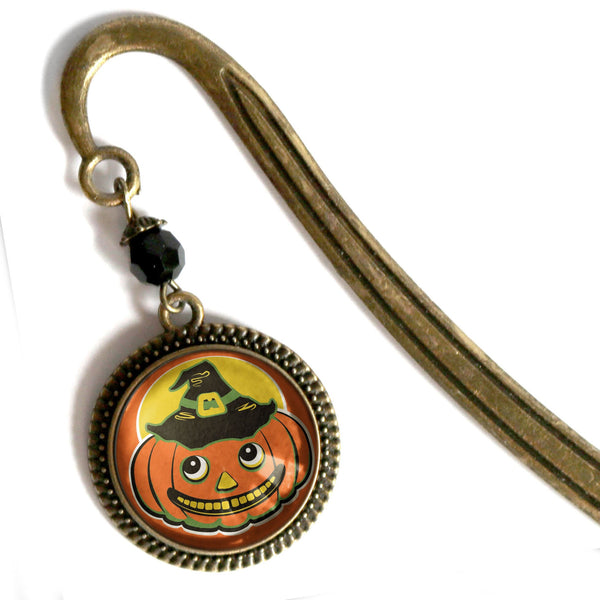 Jack O Lantern in Witch Hat Glass Cabochon Retro Halloween Brass Book Hook / Bookmark