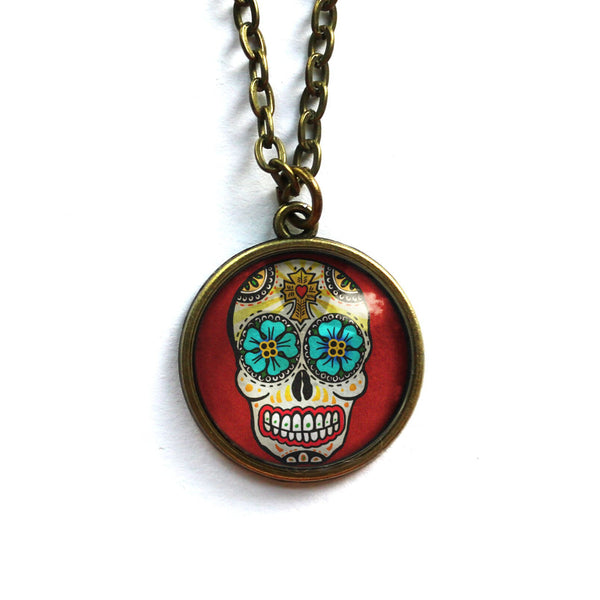 Sugar Skull With Blue Eyes Day of the Dead Pendant Necklace