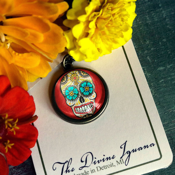 Sugar Skull With Blue Eyes Day of the Dead Pendant Necklace