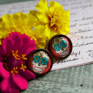 Sugar Skull with Blue Eyes Day of the Dead Stud Earrings