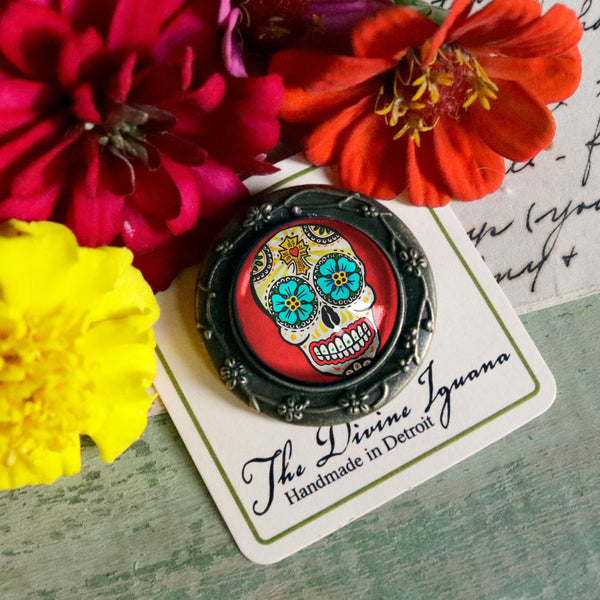 Sugar Skull with Blue Eyes Day of the Dead Pin Back Brooch