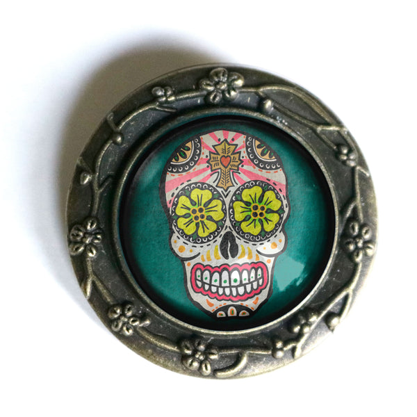 Sugar Skull with Yellow Eyes Day of the Dead Pin Back Brooch