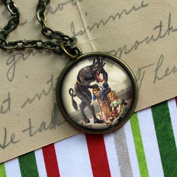 Krampus the Christmas Demon Large Pendant Necklace with Naughty Child Stuffed into Barrel