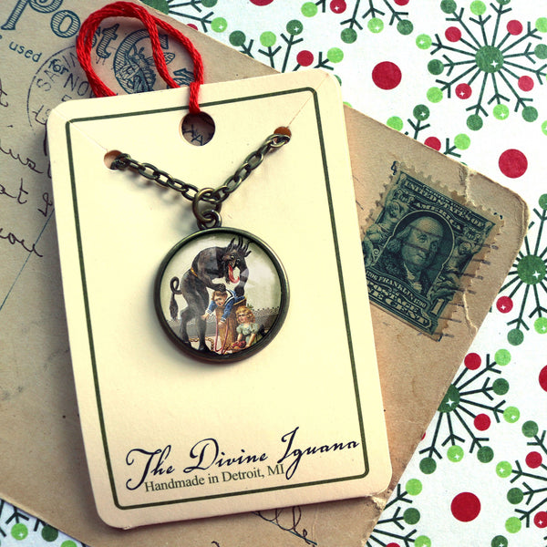 Krampus the Christmas Demon Large Pendant Necklace with Naughty Child Stuffed into Barrel