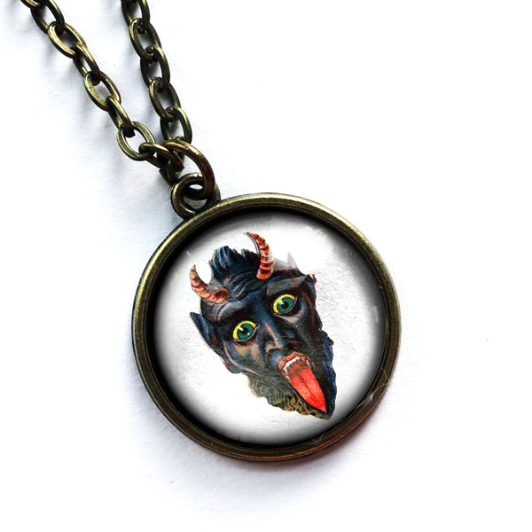 Krampus the Christmas Demon Large Pendant Necklace with Leering Krampus Face