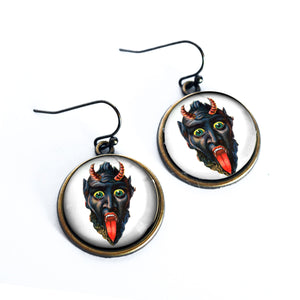 Krampus the Christmas Demon Earrings- Leering Krampus Face with Long Tongue