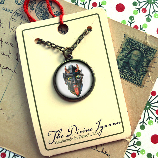 Krampus the Christmas Demon Large Pendant Necklace with Leering Krampus Face