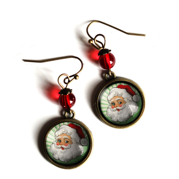 Retro Santa - Green with Red Bead - Vintage Inspired Drop / Dangle Earrings