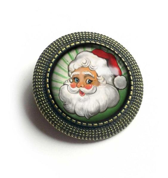 Retro Santa Claus Vintage Inspired Pin Brooch - with green background