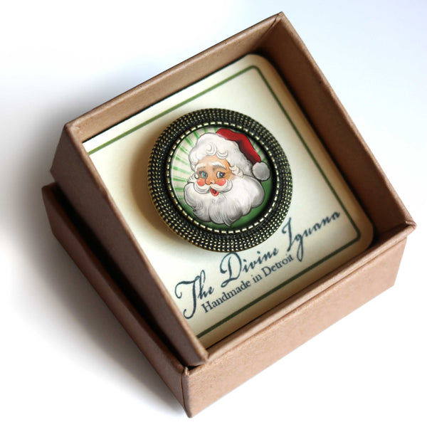 Retro Santa Claus Vintage Inspired Pin Brooch - with green background