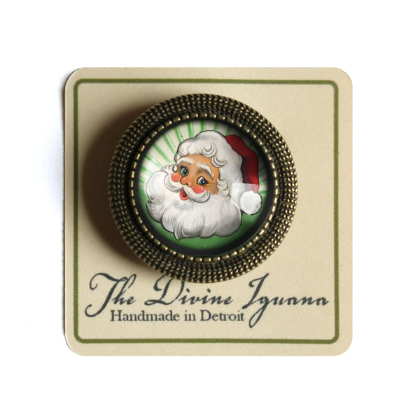 Retro Santa Claus Vintage Inspired Pin Brooch - with green background