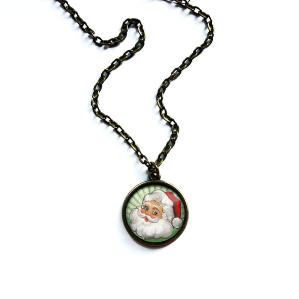 Retro Santa Christmas Reversible Pendant Necklace with Green Background