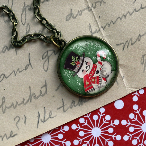 Retro Snowman Christmas Large Pendant Necklace in Simple Bronze Bezel